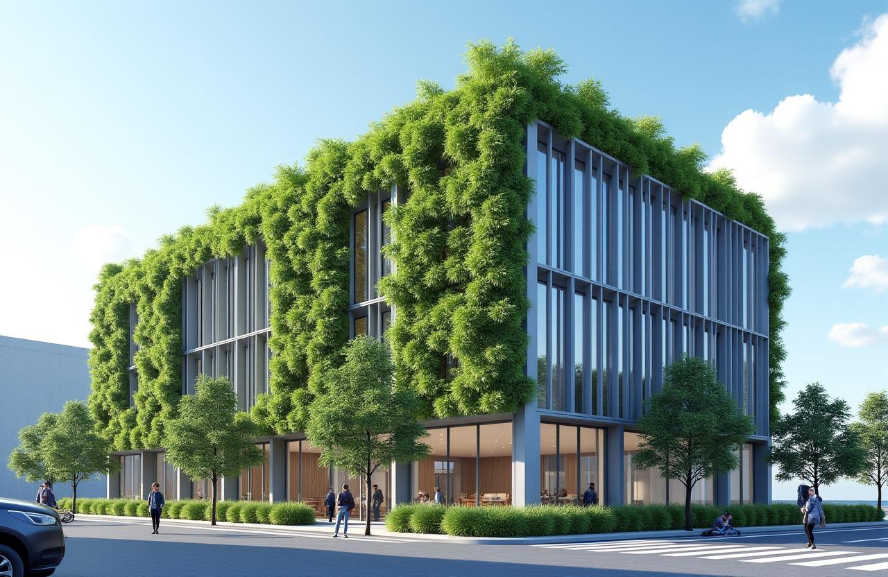 Edificio corporativo con jardín verde